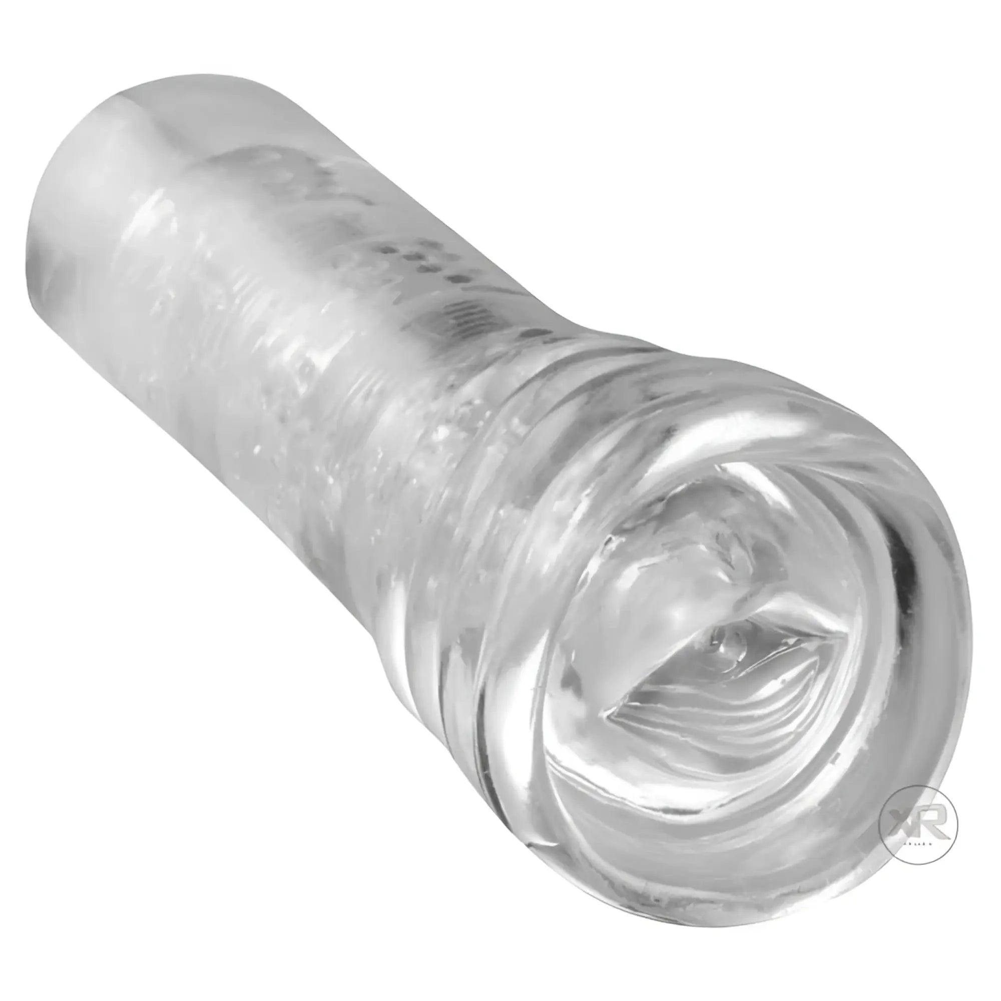 SexFlesh Lusty Lips: A clear, textured silicone masturbator sleeve with an internal lip-shaped design.