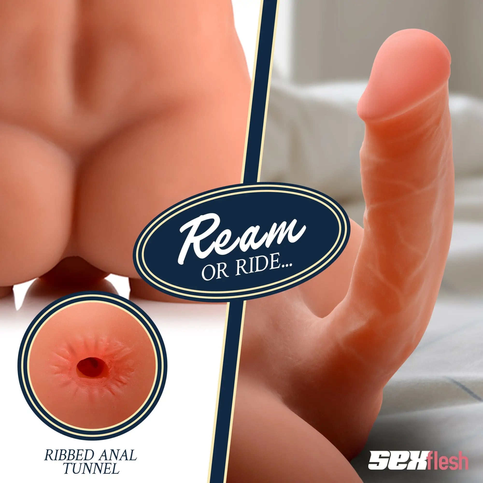 SexFlesh Tom's realistic, peach-toned cock and torso featuring a detailed phallus and a textured, ribbed anal tunnel.