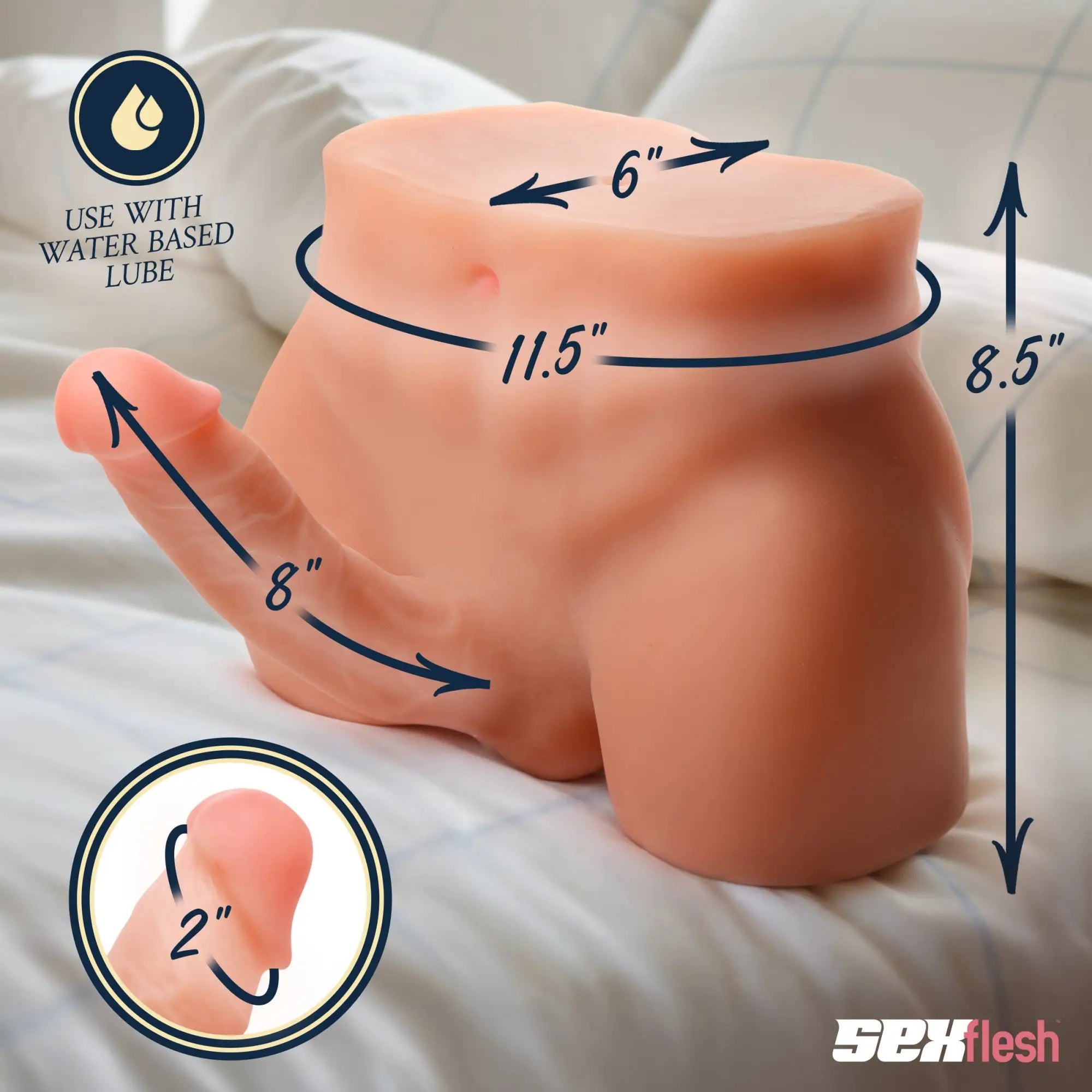 SexFlesh Tom's Realistic Cock and Ass: peach-colored male lower torso masturbator with labeled product dimensions.