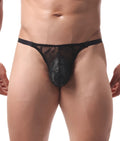 Sexy men thong black lace with sheer mesh design and solid black waistband shown from the back side