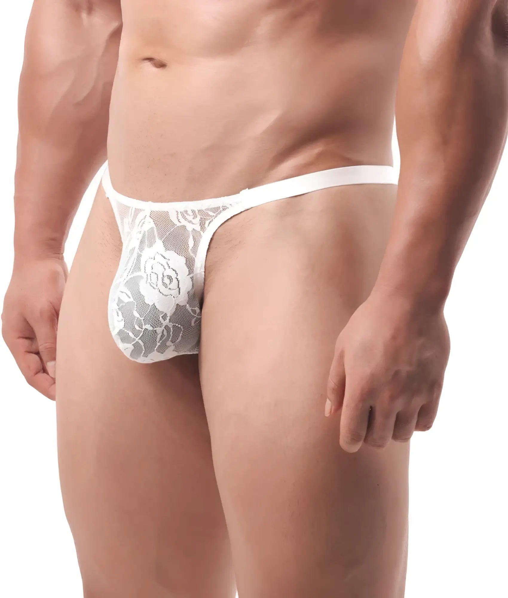 Sexy men thong in white lace with floral pattern showcasing the back side design for a bold look