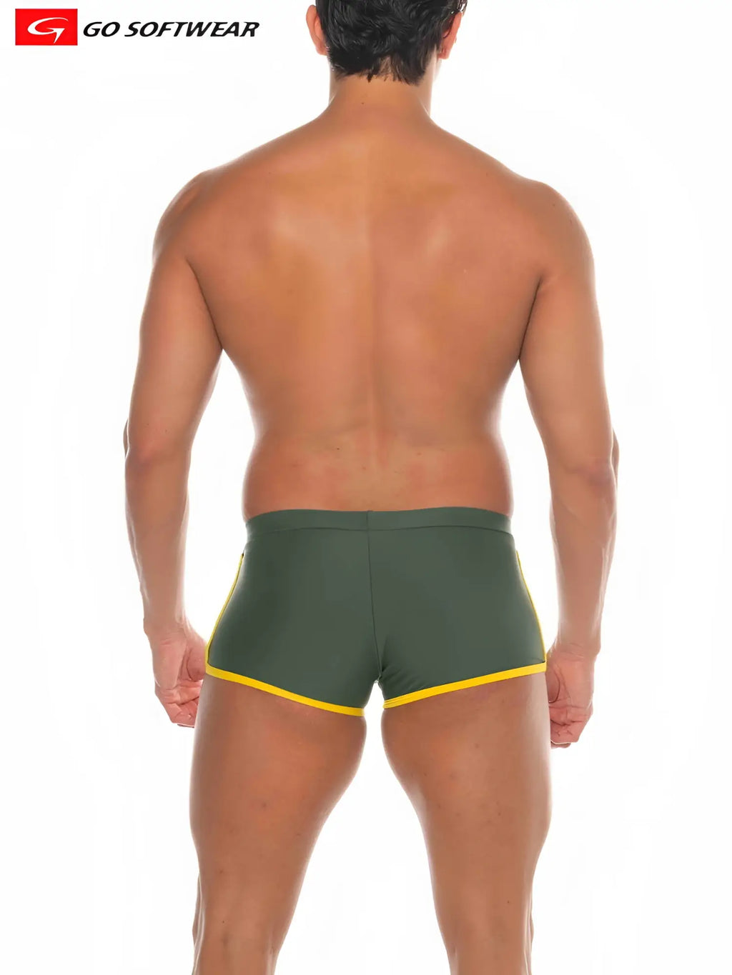 Dark green Seychelles sq-cut swim trunks with bright yellow trim and sleek form-fitting design from go softwear