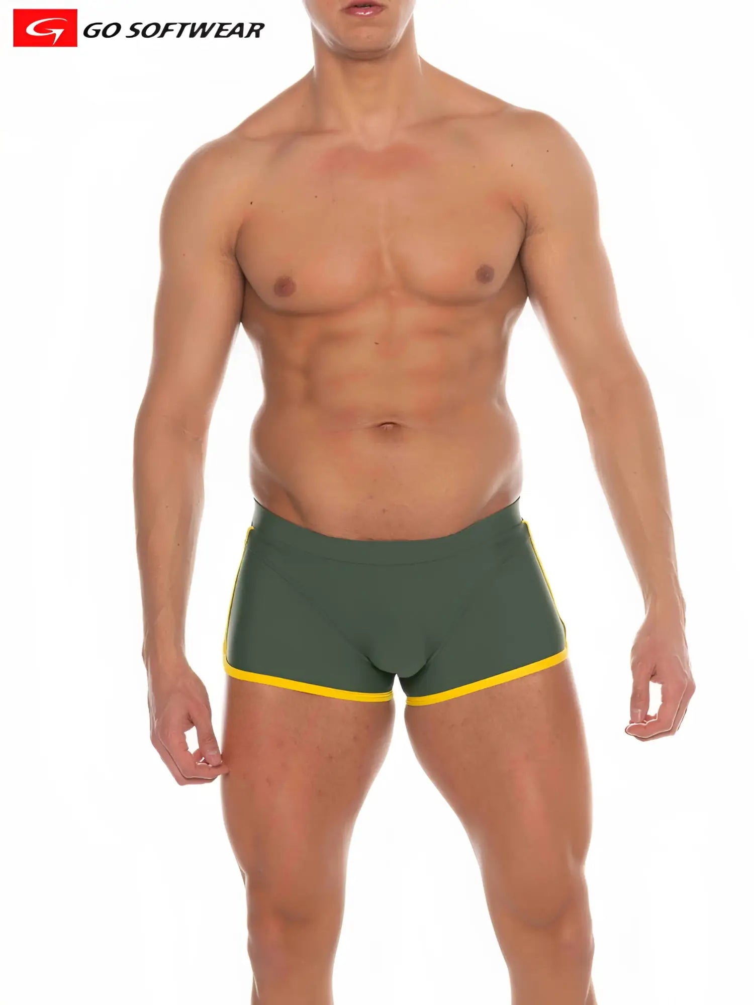 Dark green Seychelles sq-cut swim trunks with bright yellow trim perfect for swimwear and beachwear