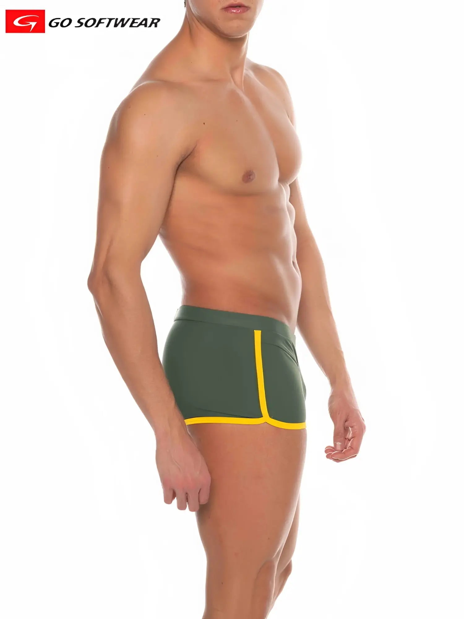 Green and yellow Seychelles sq-cut swim athletic briefs with sleek form-fitting design ideal for swimming