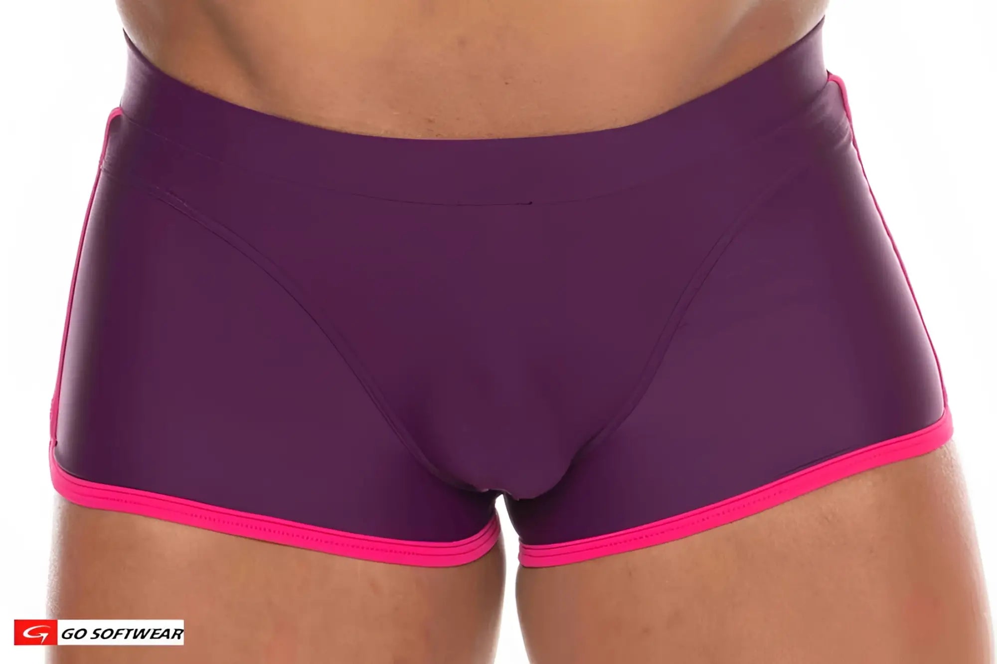 Purple Seychelles Sq-Cut swim trunks with bright pink trim designed for comfortable beachwear
