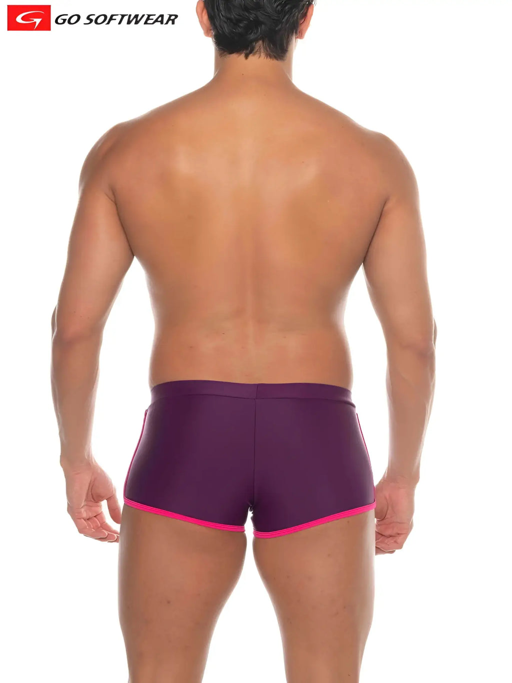 Purple swim trunks with bright pink trim in Seychelles sq-cut style for men’s beach and pool wear