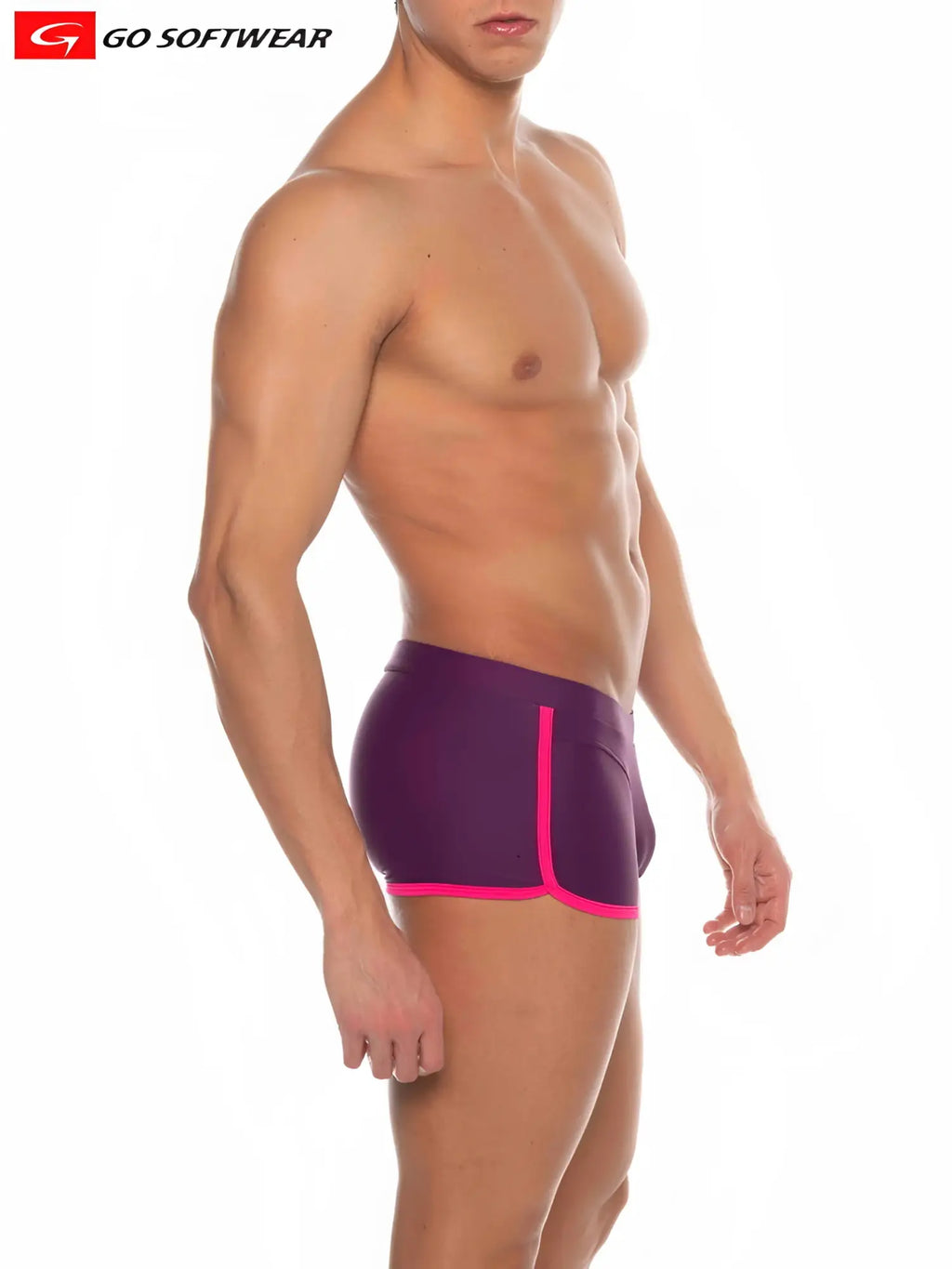 Purple Seychelles sq-cut swim trunks with bright pink trim and sleek modern design by go softwear