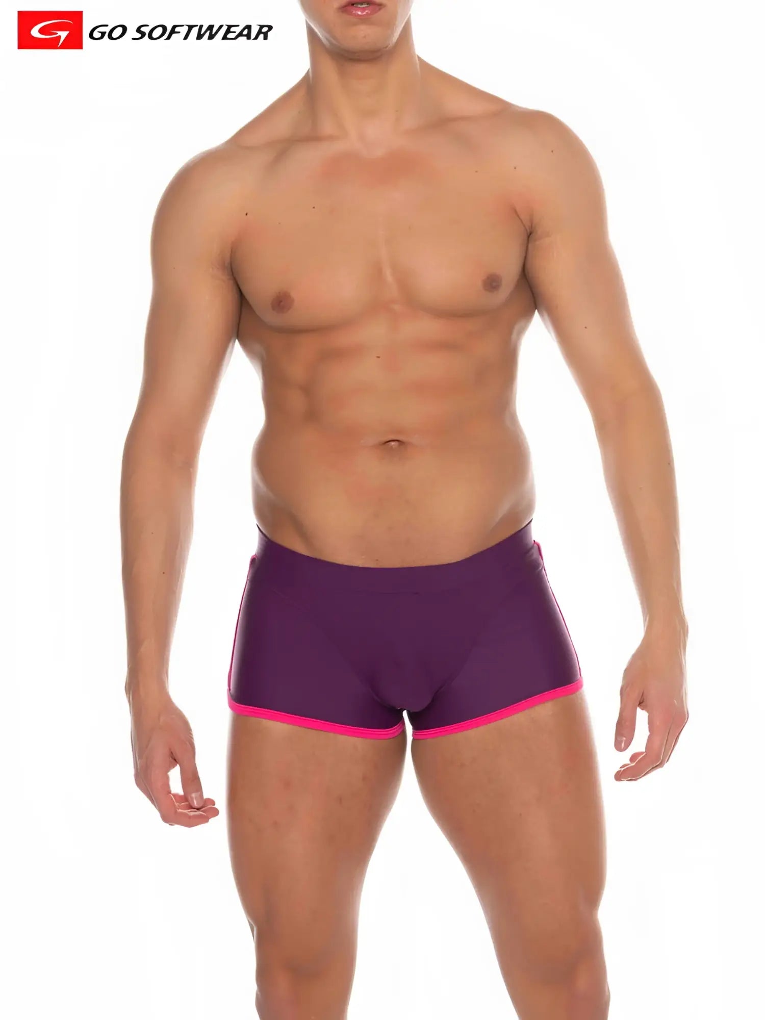 Purple Seychelles sq-cut swim trunks with bright pink trim and smooth fabric from go softwear featuring a snug fit