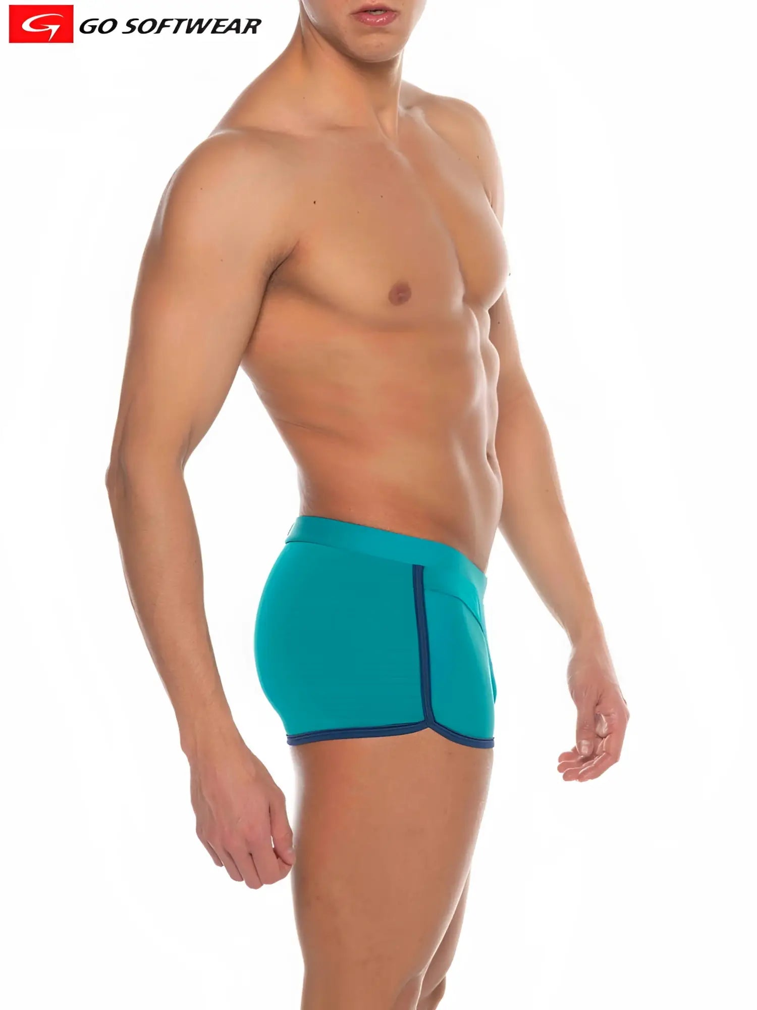 Teal and navy blue sleek form-fitting athletic briefs from go softwear seychelles sq-cut swim for active use