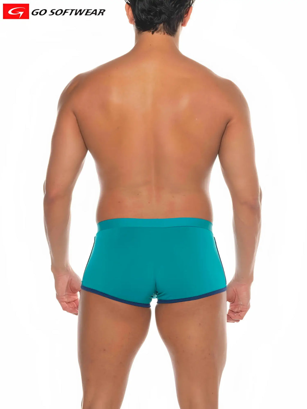 Teal and navy blue snug fit athletic briefs with go softwear logo in the top left corner named Seychelles sq-cut swim