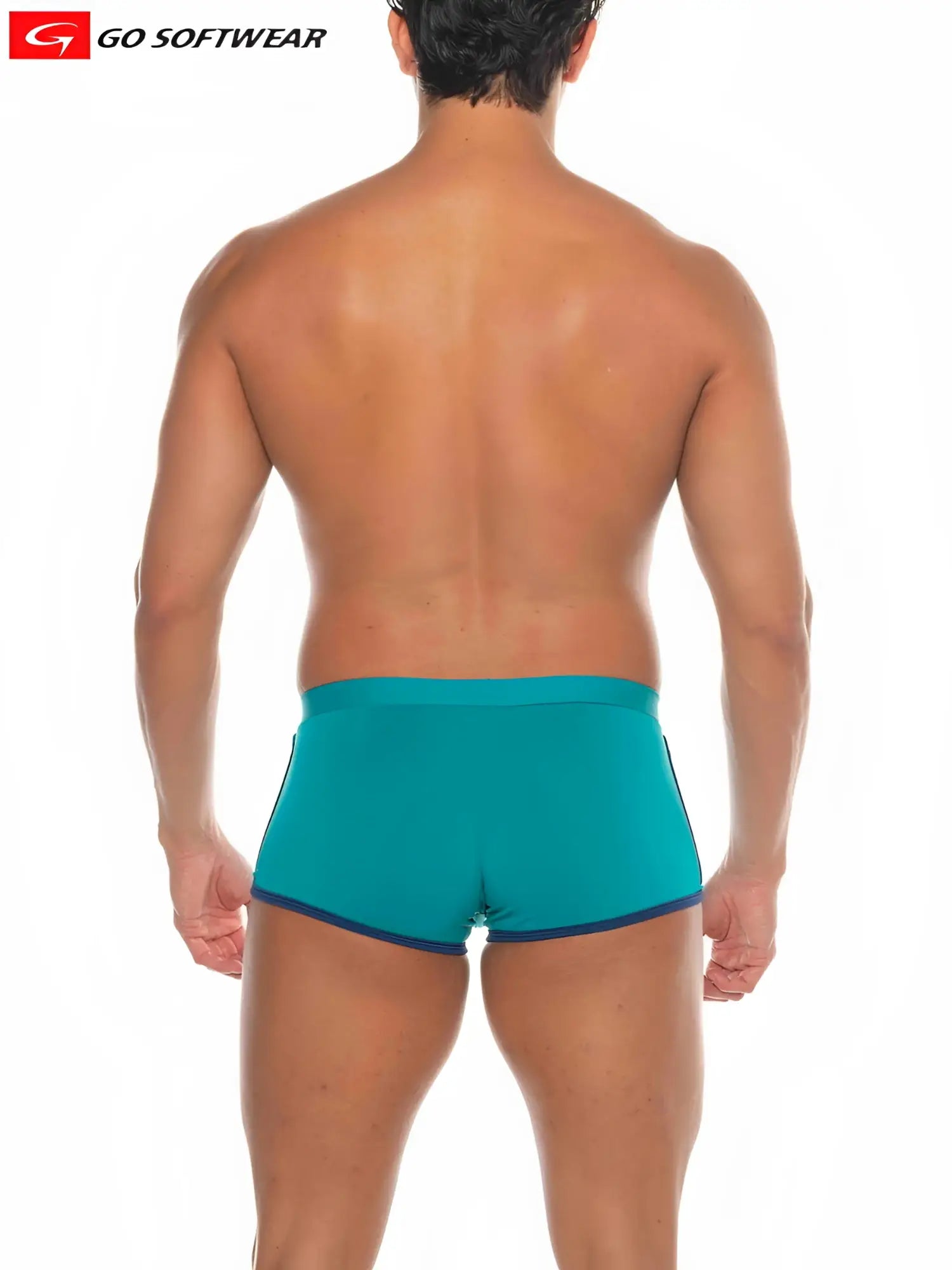 Teal and navy blue snug fit athletic briefs with go softwear logo in the top left corner named Seychelles sq-cut swim