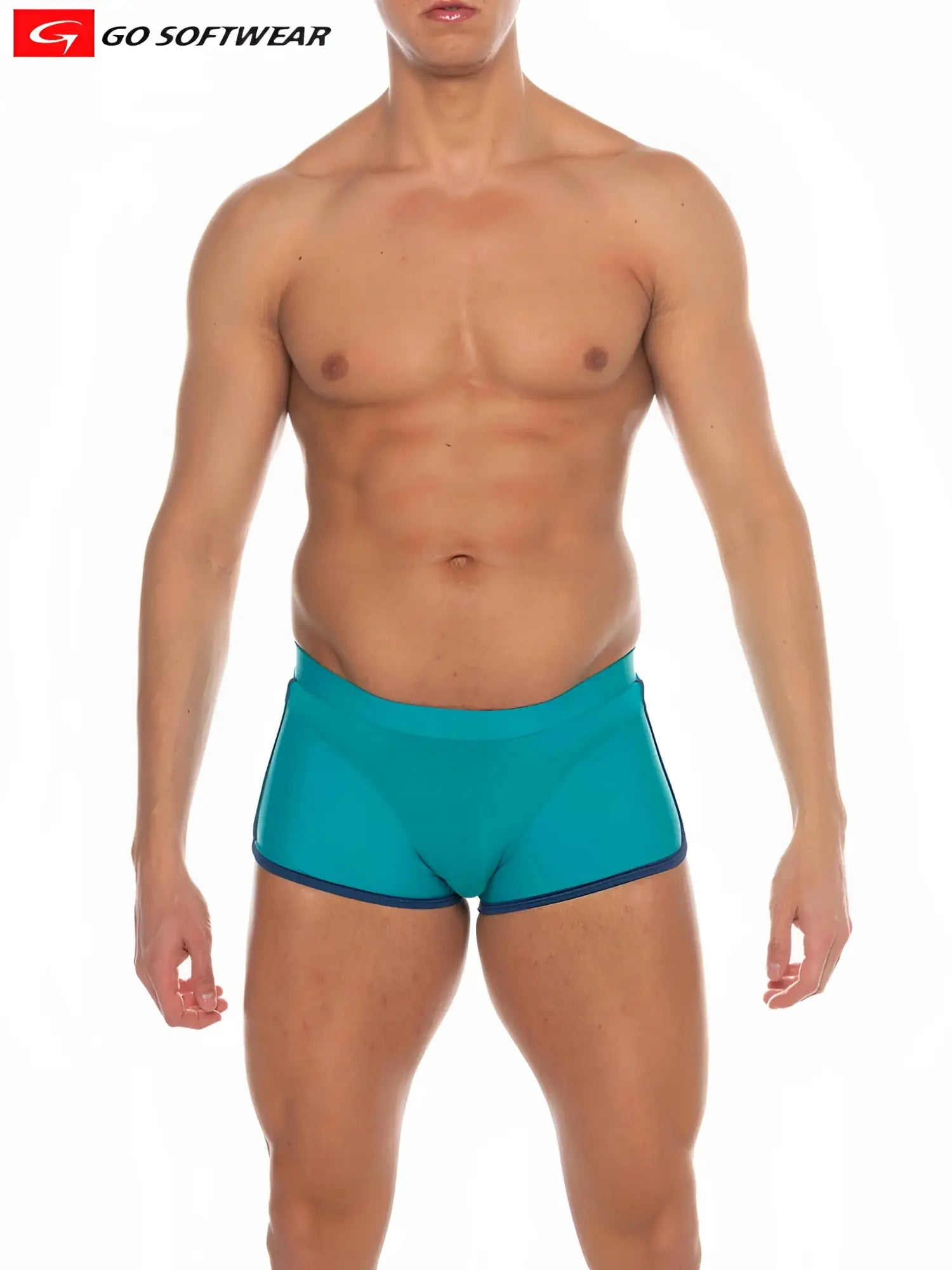 Teal and navy blue sleek form-fitting seychelles sq-cut swim trunks by go softwear ideal for swimming and beachwear