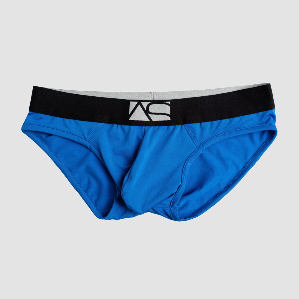 Bright blue shaped pouch briefs with black waistband and white logo offering supportive athletic wear