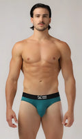 Teal shaped pouch briefs with a black waistband featuring the as logo for comfortable support