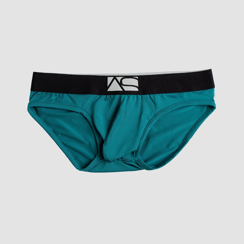 Teal shaped pouch briefs with a black waistband and white logo designed for enhanced comfort and support