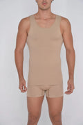 Beige seamless shaper tank top with matching briefs designed for comfortable shaping and smooth fit