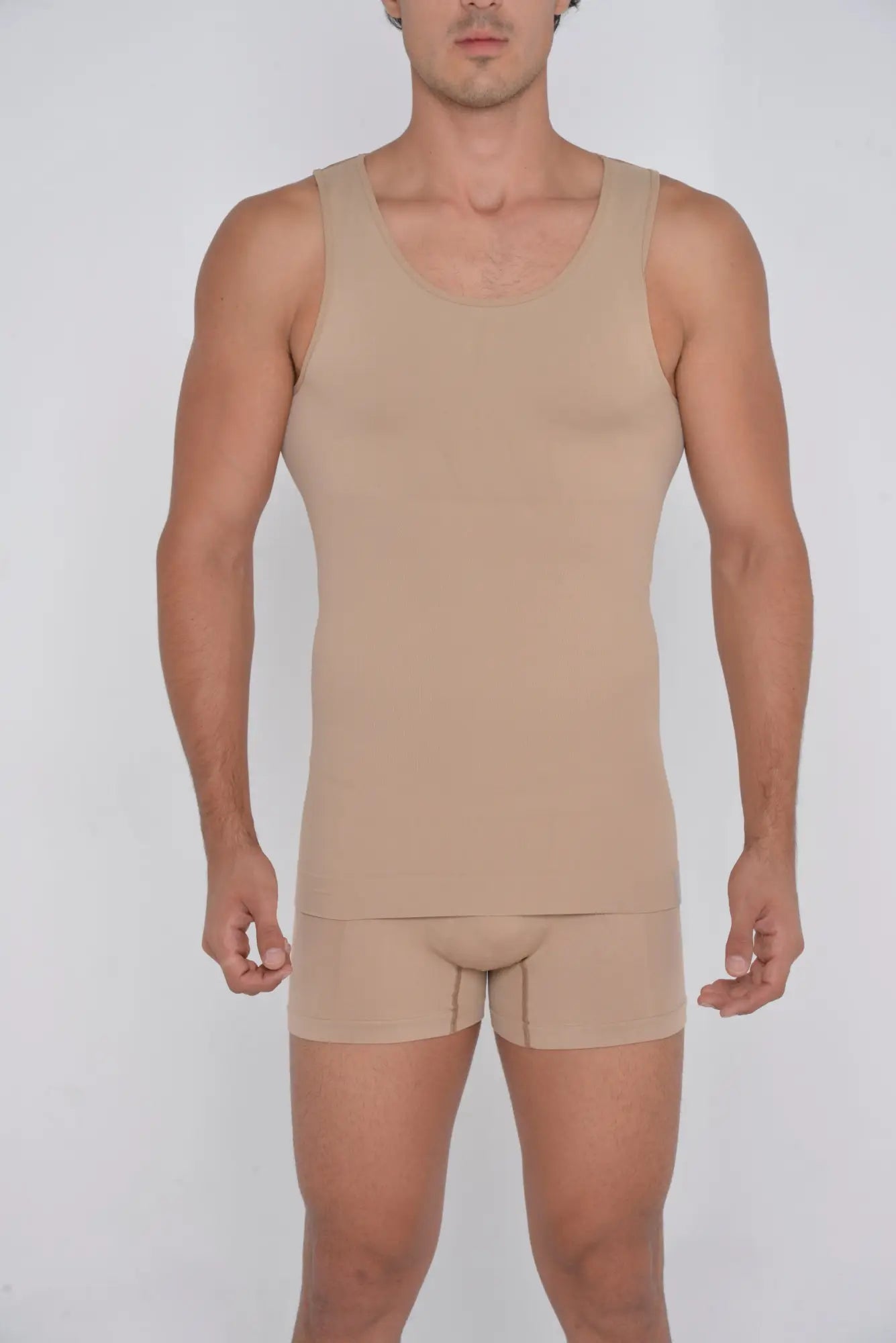 Beige seamless shaper tank top with matching briefs designed for comfortable shaping and smooth fit