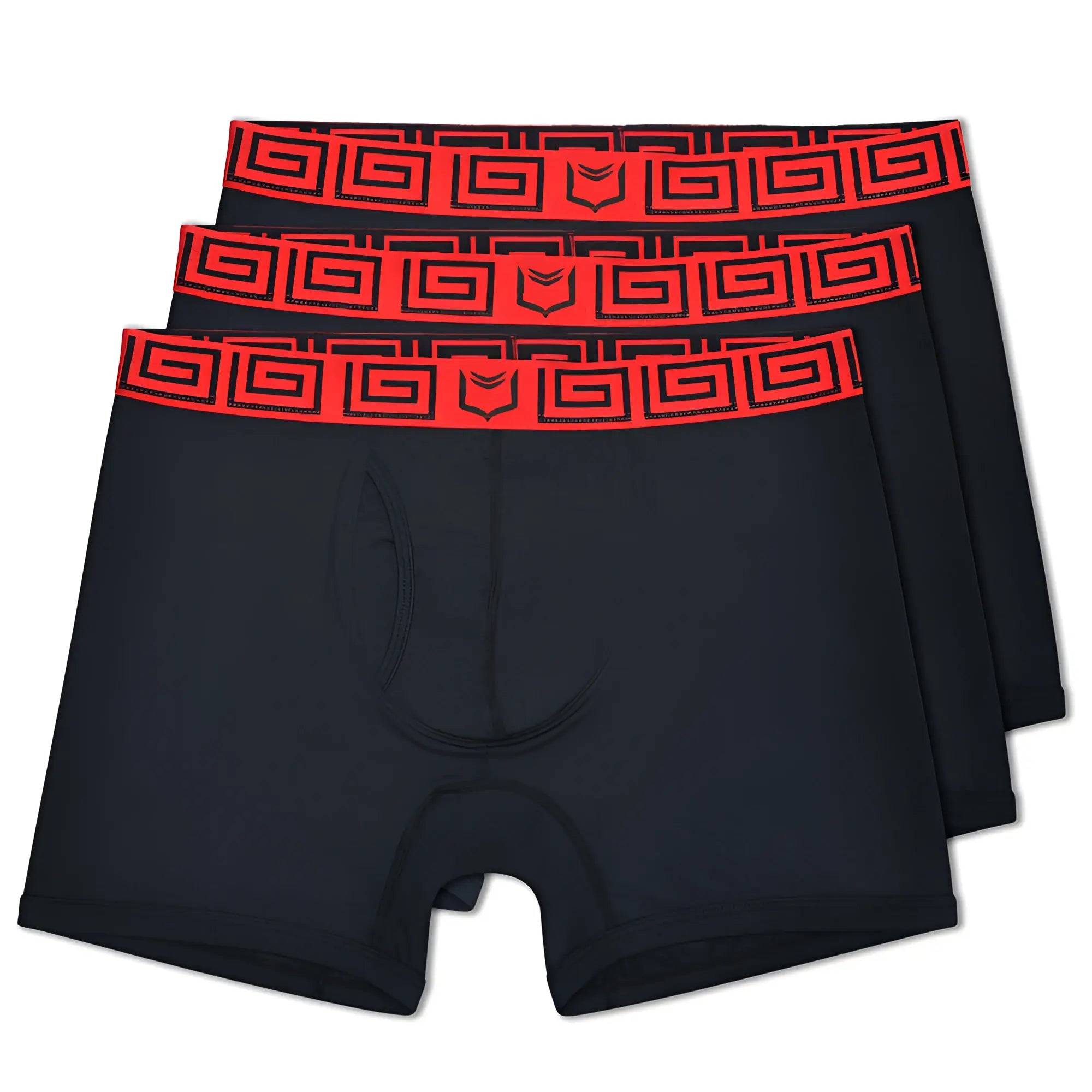 Black dual pouch boxer briefs with bold red greek key waistband and small black logo sheath 4.0 best-seller bundle
