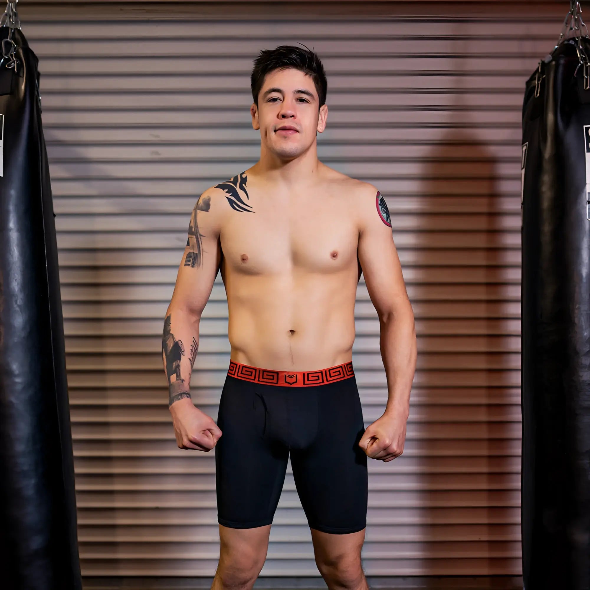 Black sheath v men’s 8-inch sports performance boxer briefs with red greek key patterned waistband in 3-pack bundle