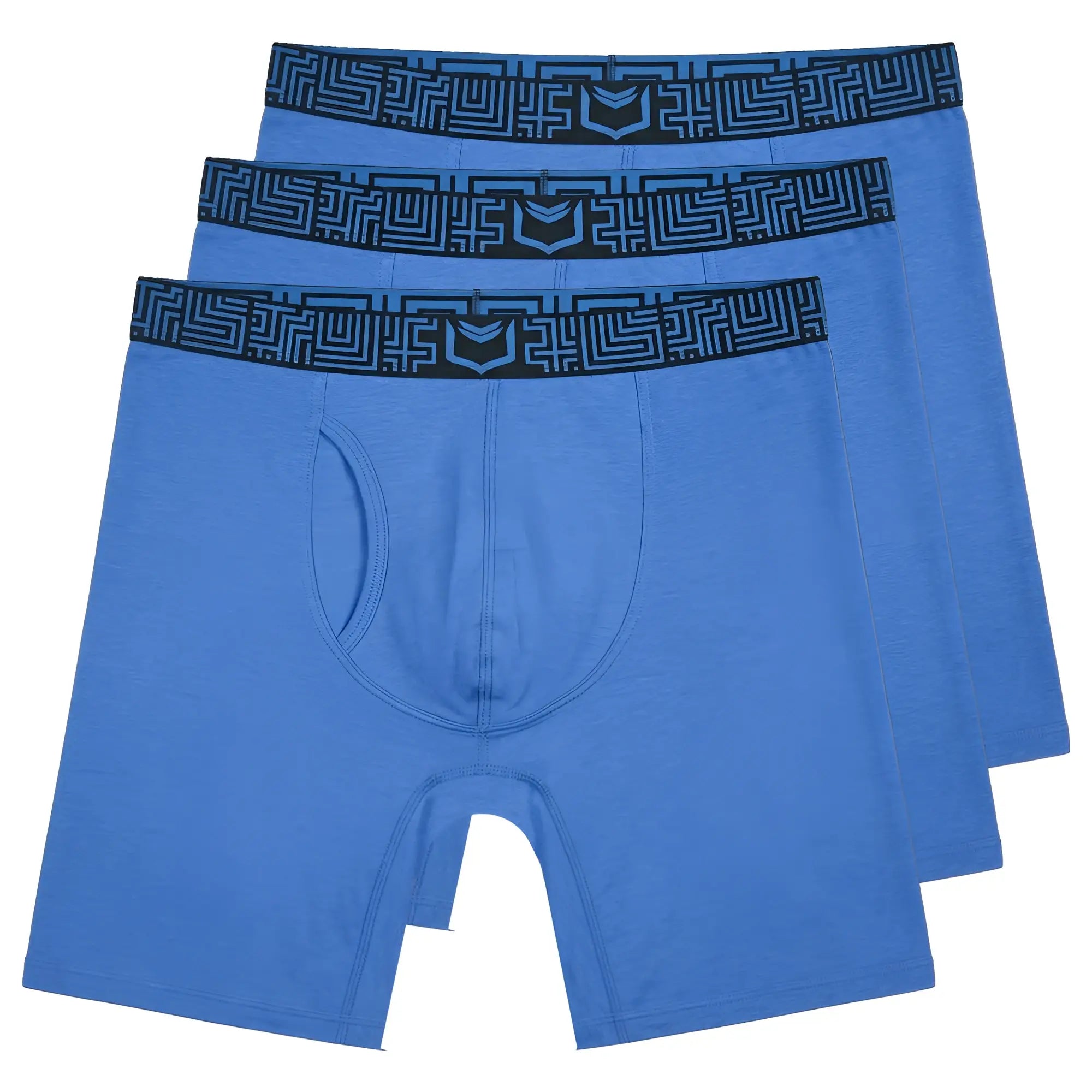 Blue heathered sheath v men’s 8-inch sports performance boxer briefs with black geometric maze waistband and logo