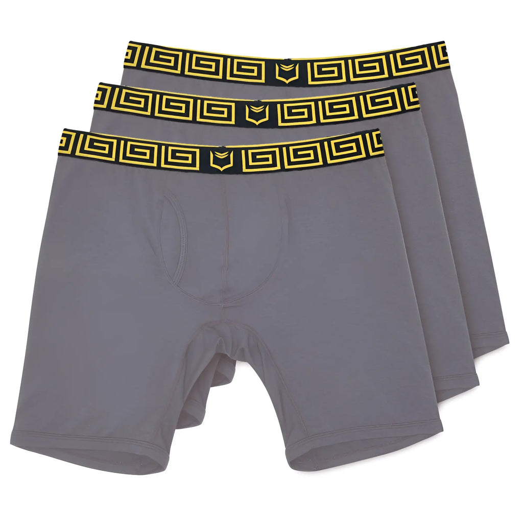 Gray sheath v men’s 8-inch sports performance boxer briefs with black and yellow greek key patterned waistbands