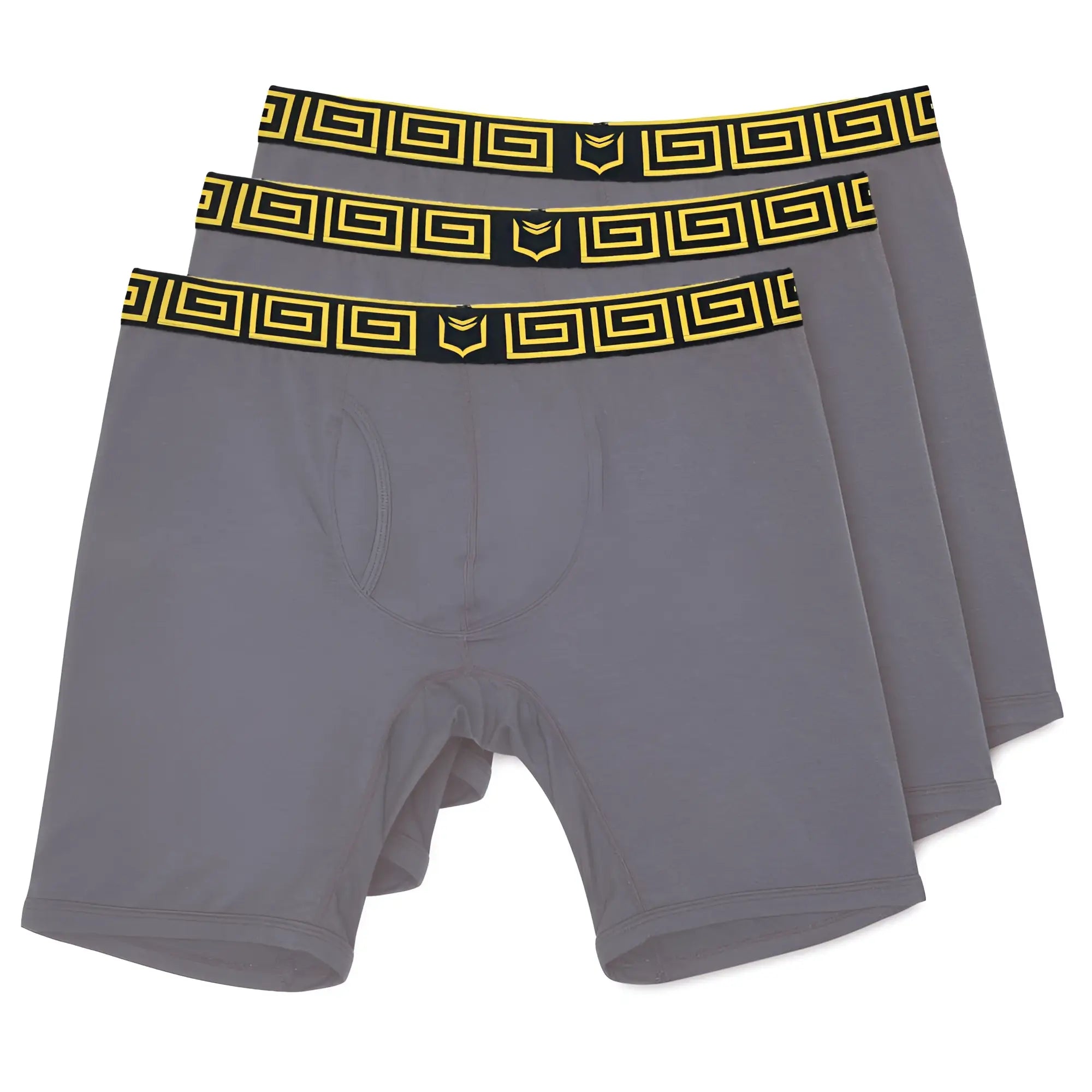 Gray sheath v men’s 8-inch sports performance boxer briefs with black and yellow greek key patterned waistbands