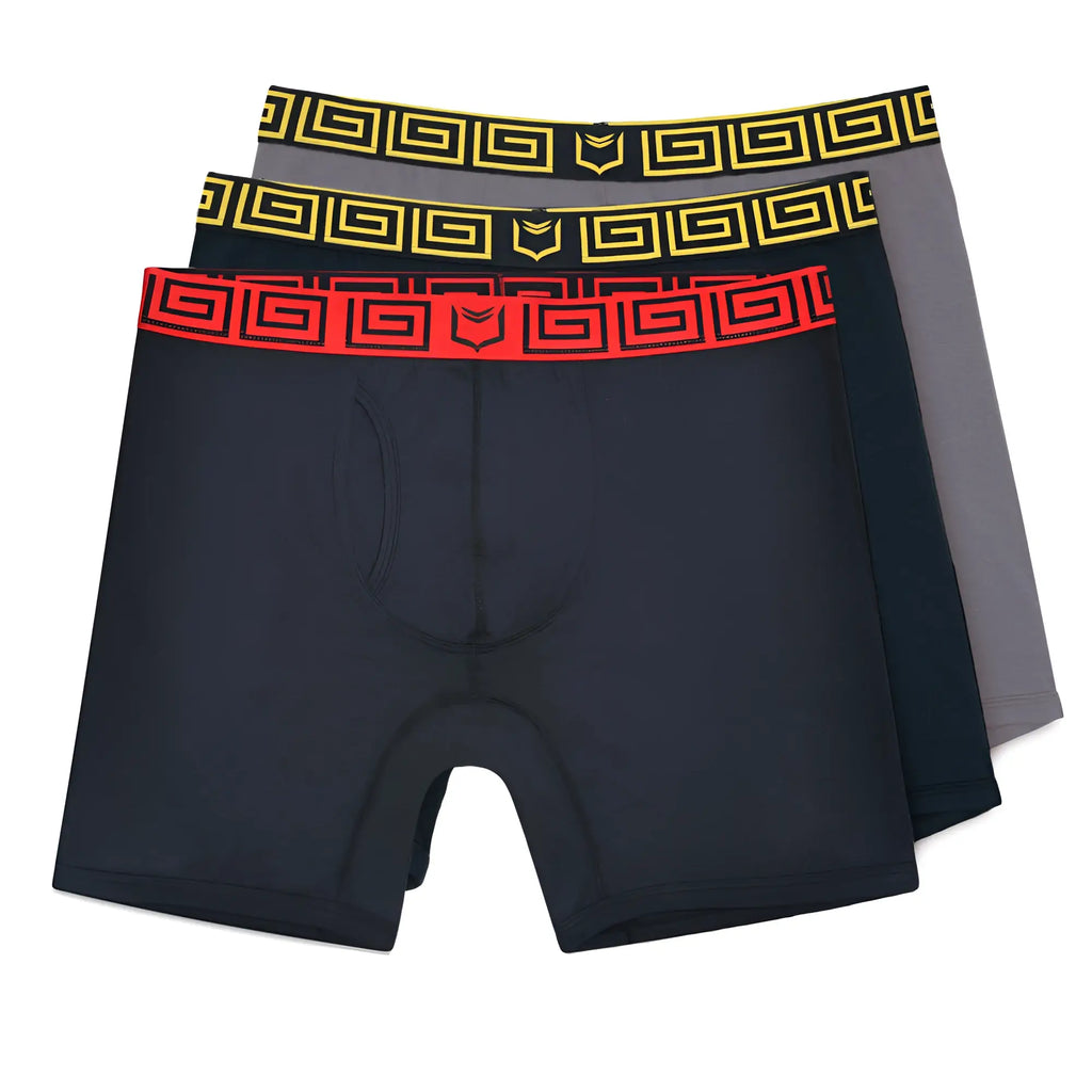 Set of three sheath v men’s 8-inch sports performance boxer briefs in black gray and navy with geometric trim bands