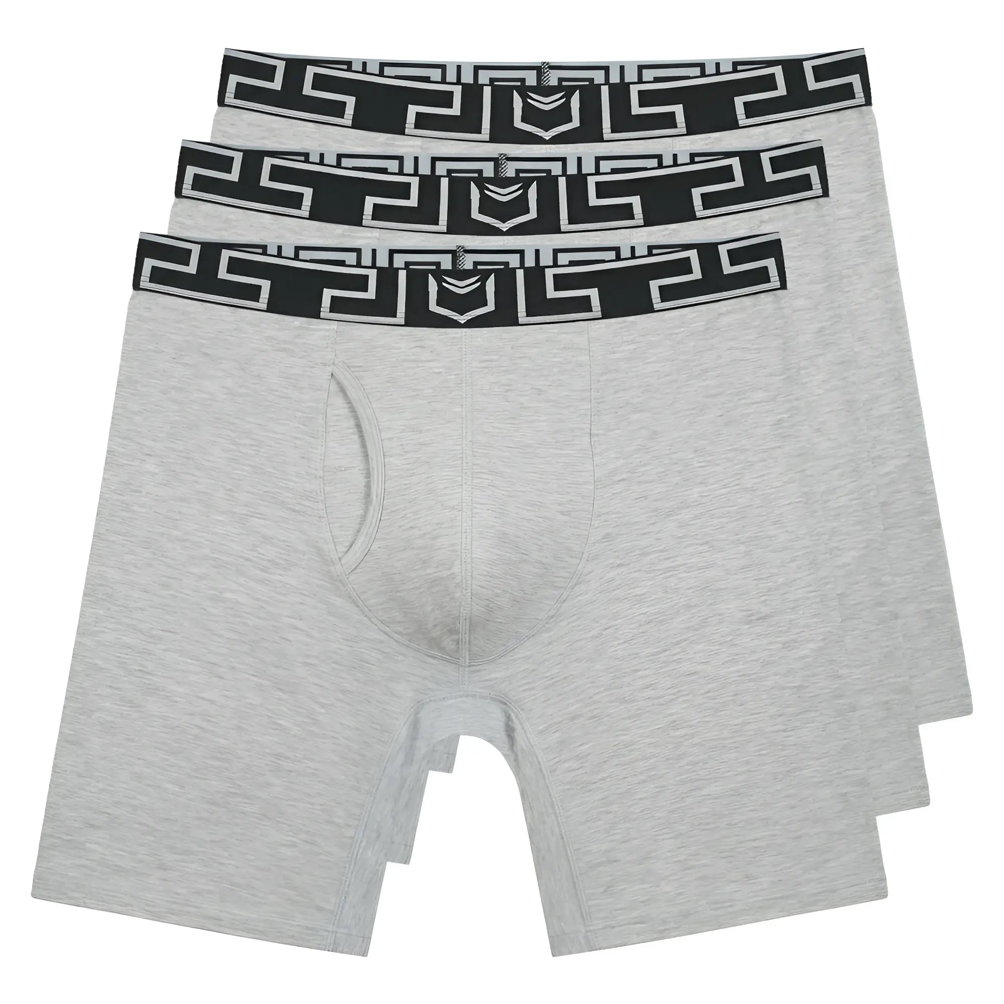 Gray heathered bamboo men’s 8 inch performance boxer briefs with black and white geometric waistband 3 pack