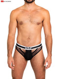 Black and white sheer mesh scoop thong briefs with bold gs california logo on the waistband