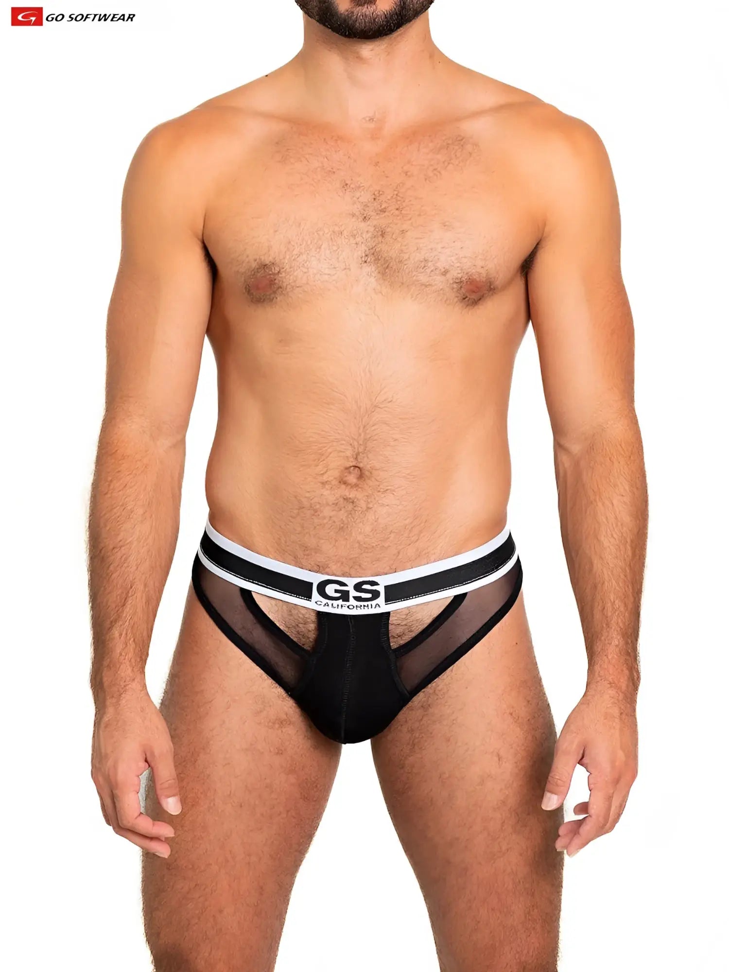 Black and white sheer mesh scoop thong briefs with bold gs california logo on the waistband