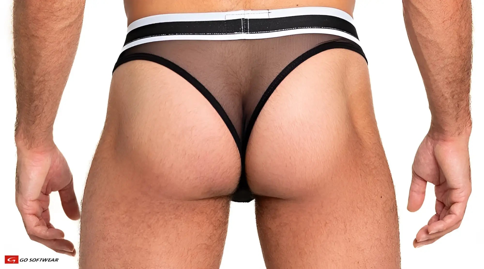 Sheer mesh scoop thong in black with a white and black striped waistband shown from the back side