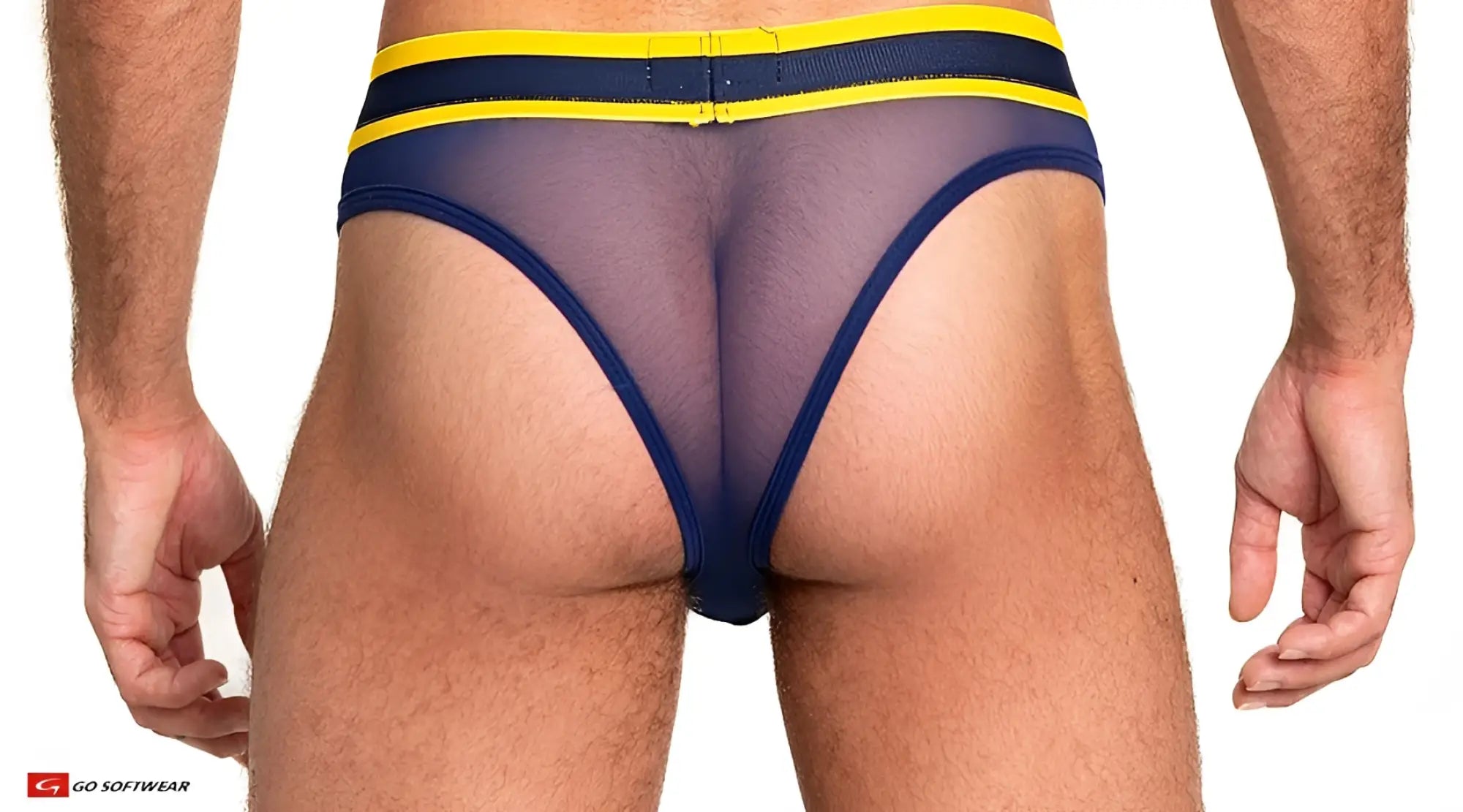 Sheer mesh scoop thong briefs in blue and yellow mesh with a solid navy blue waistband front view