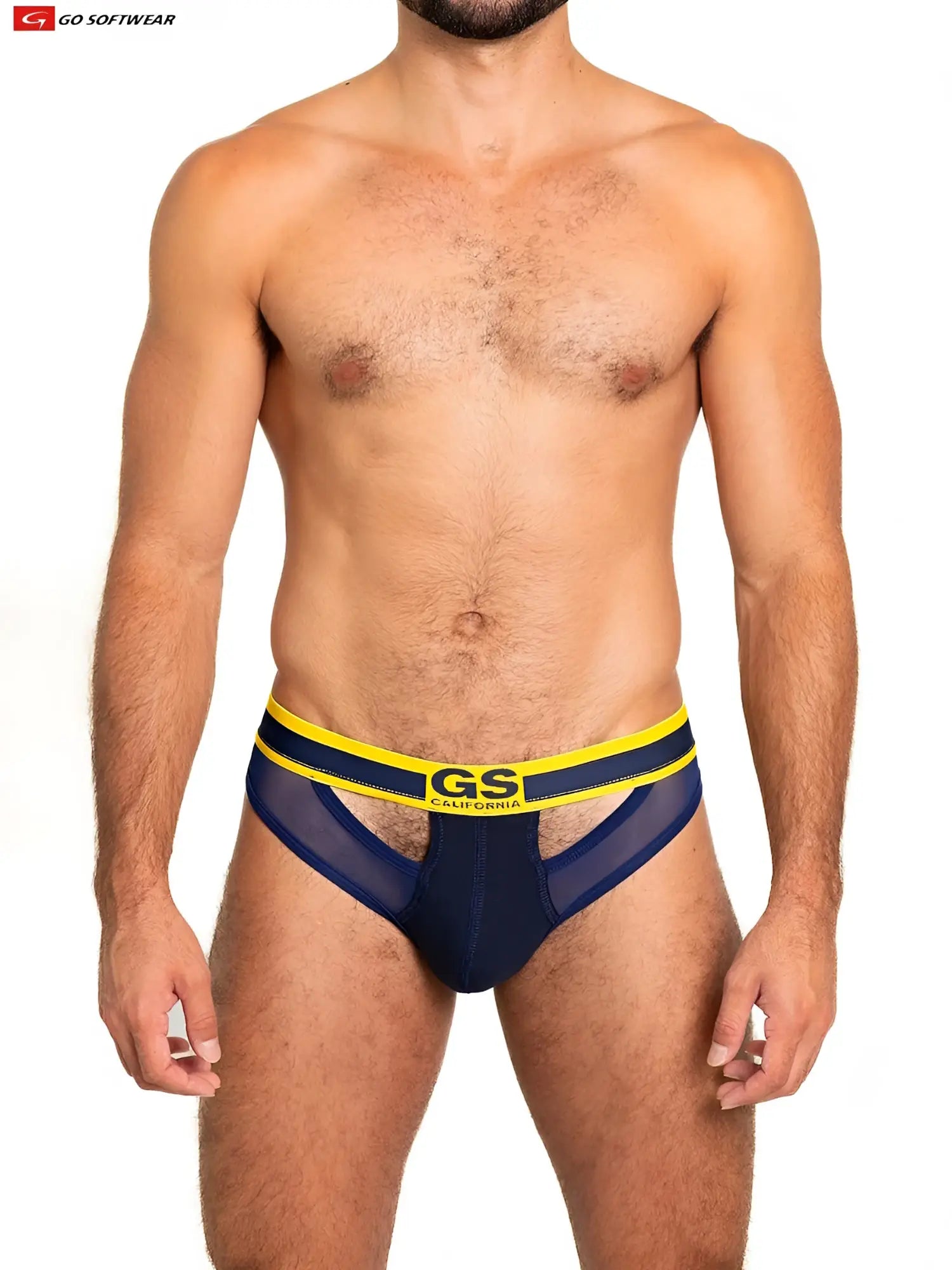 Navy blue and yellow sheer mesh scoop thong briefs with bold gs california logo on the waistband front view