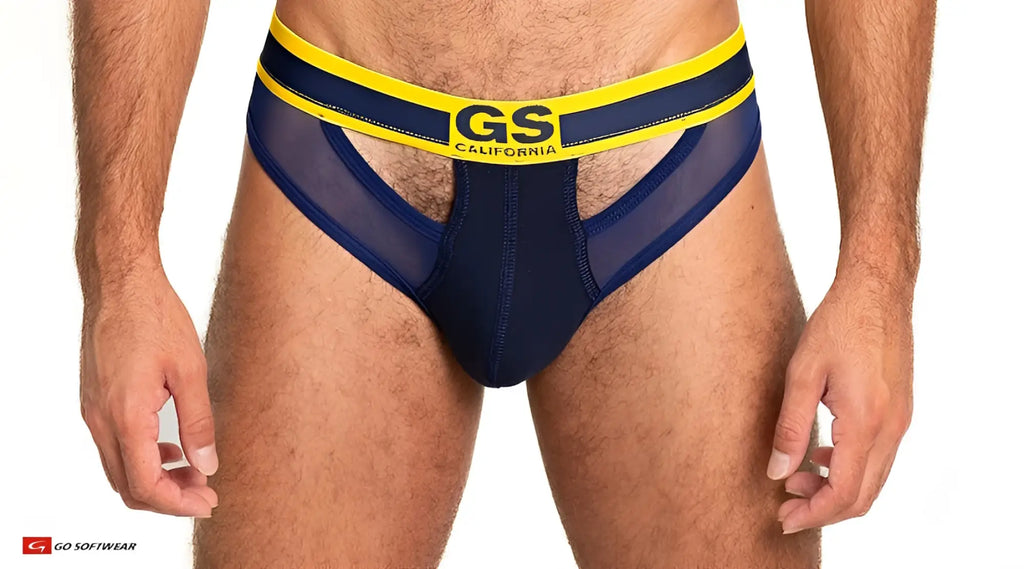Navy blue and yellow sheer mesh scoop thong briefs with gs california branding on the waistband front view