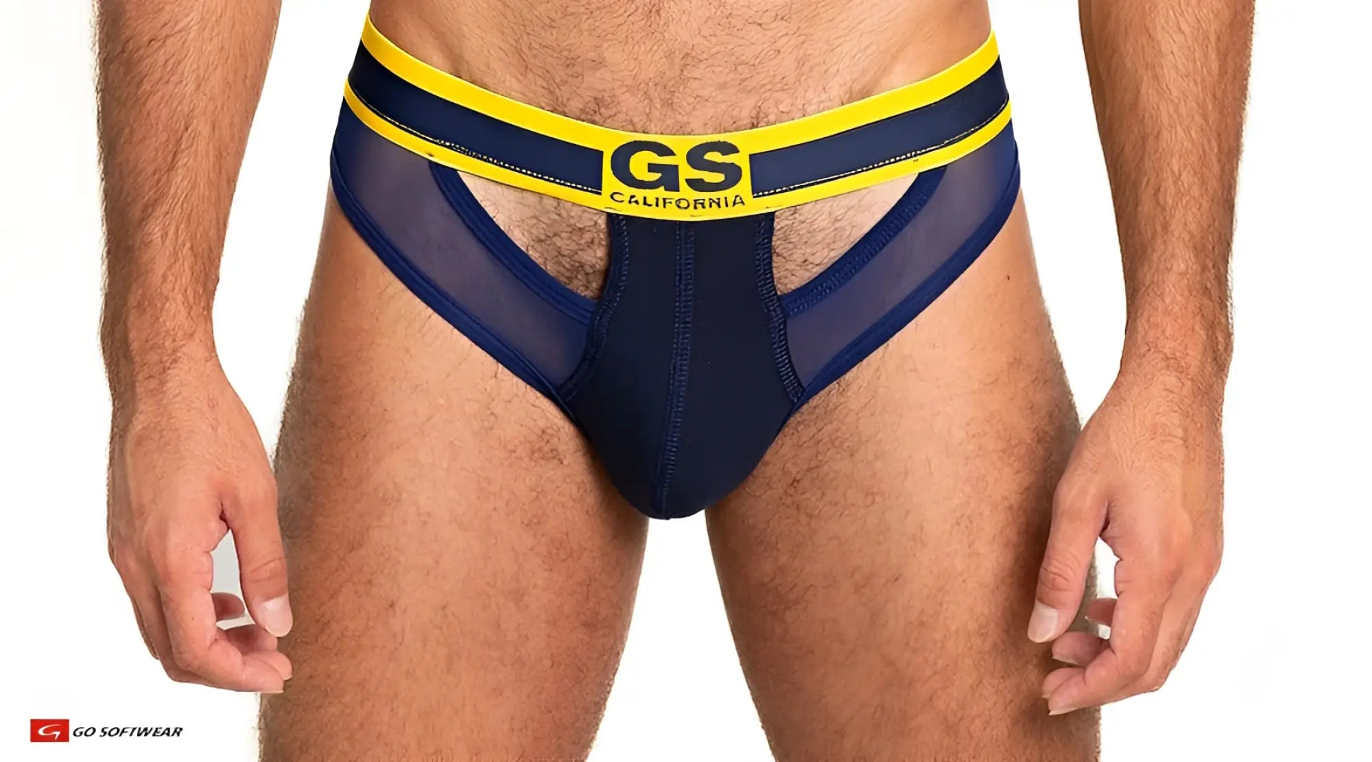 Navy blue and yellow sheer mesh scoop thong briefs with gs california branding on the waistband front view