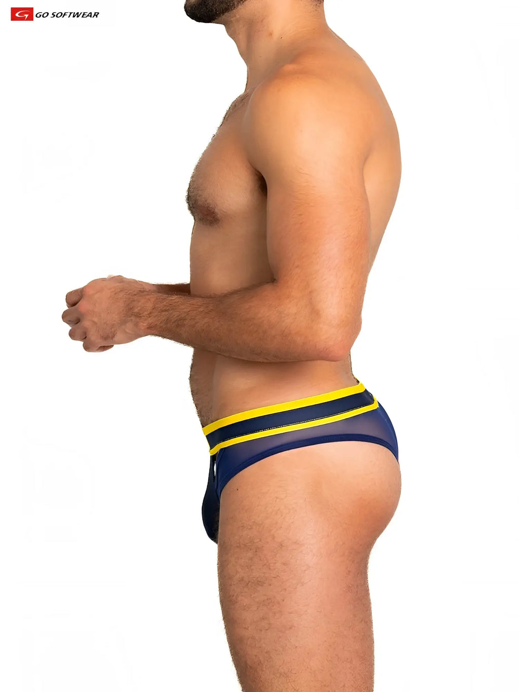Navy blue and yellow striped sheer mesh scoop thong briefs with solid navy waistband shown from the back