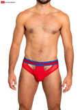 Red and blue sheer mesh scoop thong briefs with gs logo waistband featuring breathable athletic design