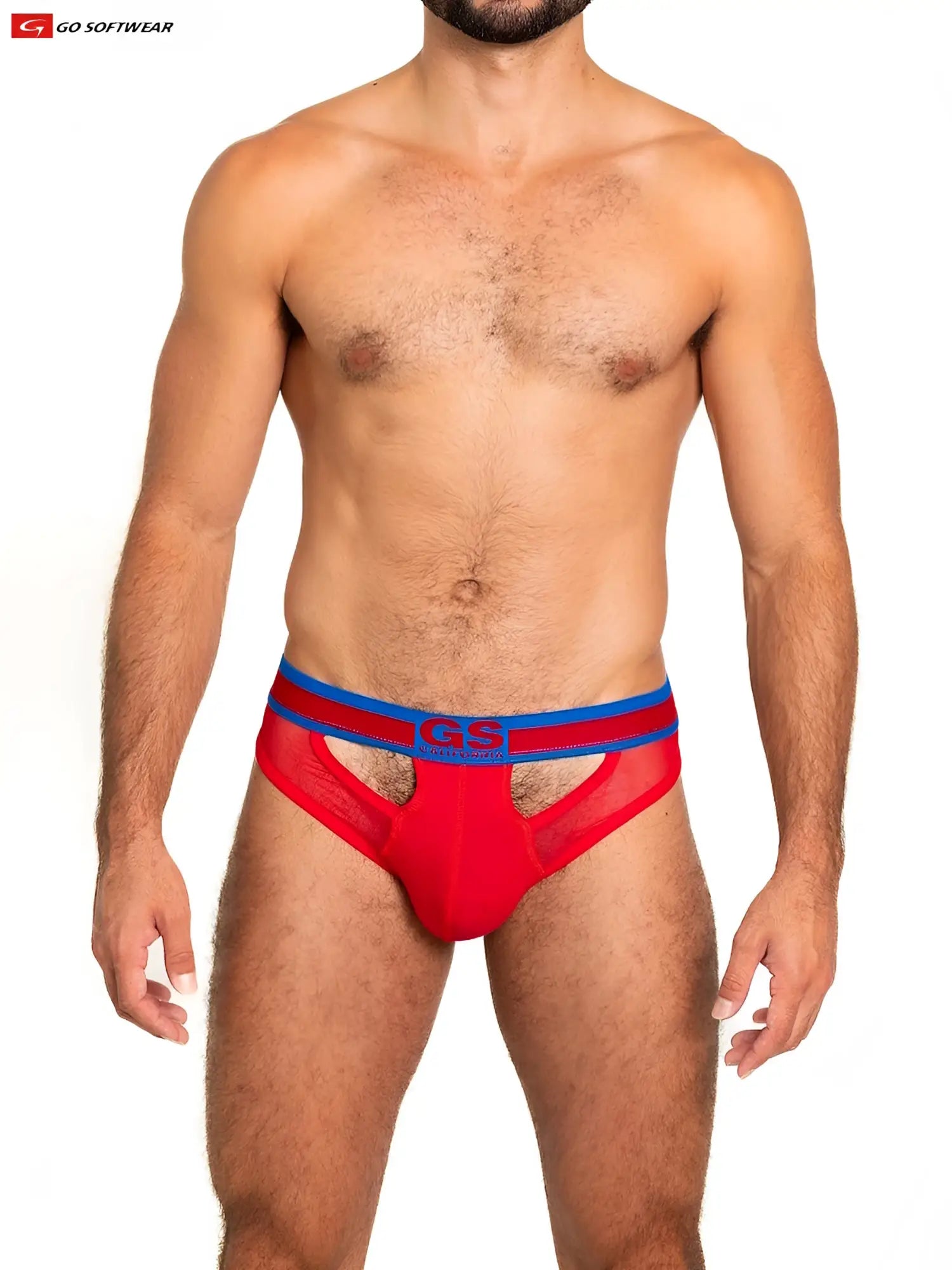 Red and blue sheer mesh scoop thong briefs with gs logo waistband featuring breathable athletic design