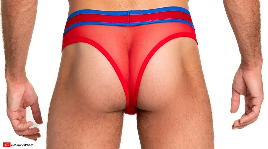 Sheer mesh scoop thong in red and blue with bold sporty design and breathable mesh fabric