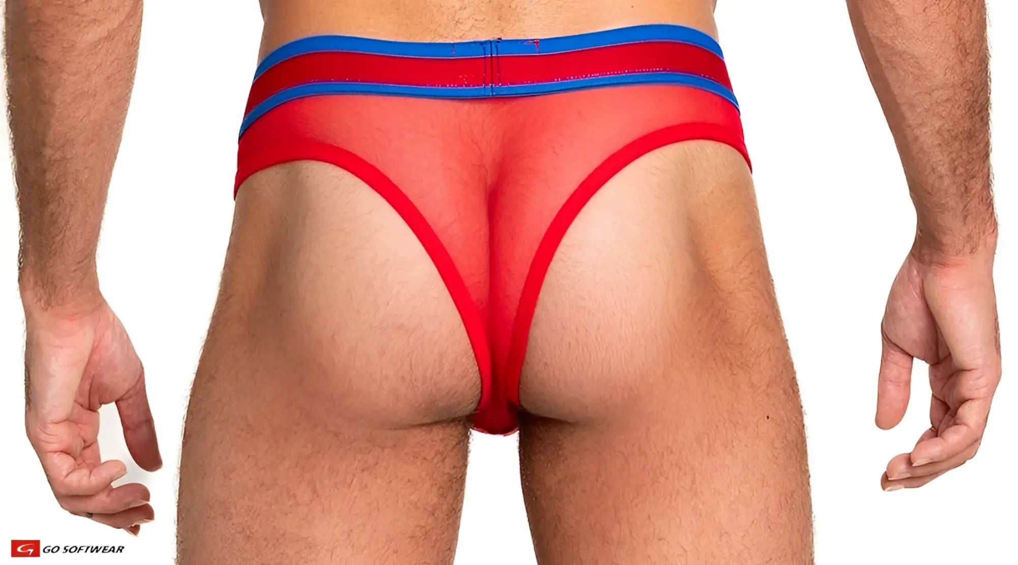 Sheer mesh scoop thong in red and blue with bold sporty design and breathable mesh fabric
