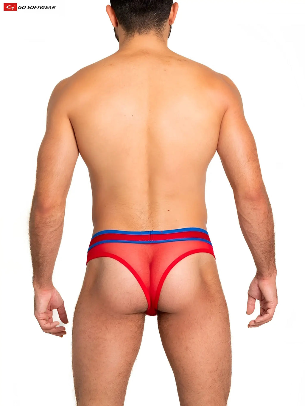 Red and blue sheer mesh scoop thong briefs with a form-fitting design showcasing front and back views