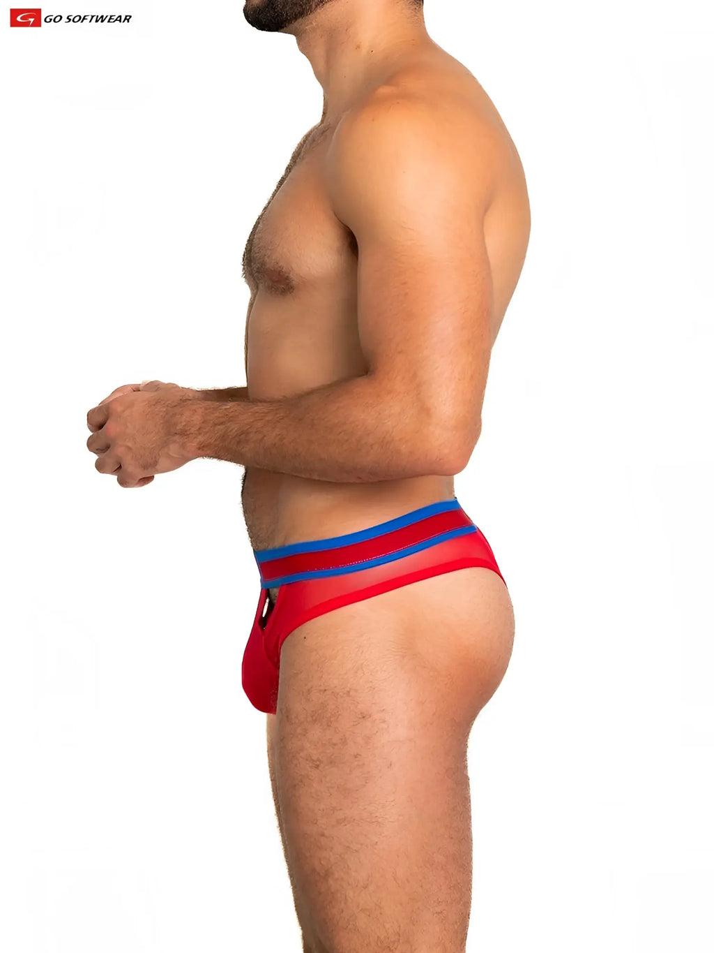 Red and blue striped men’s briefs with a sheer mesh panel showcasing the back side of the sheer mesh scoop thong