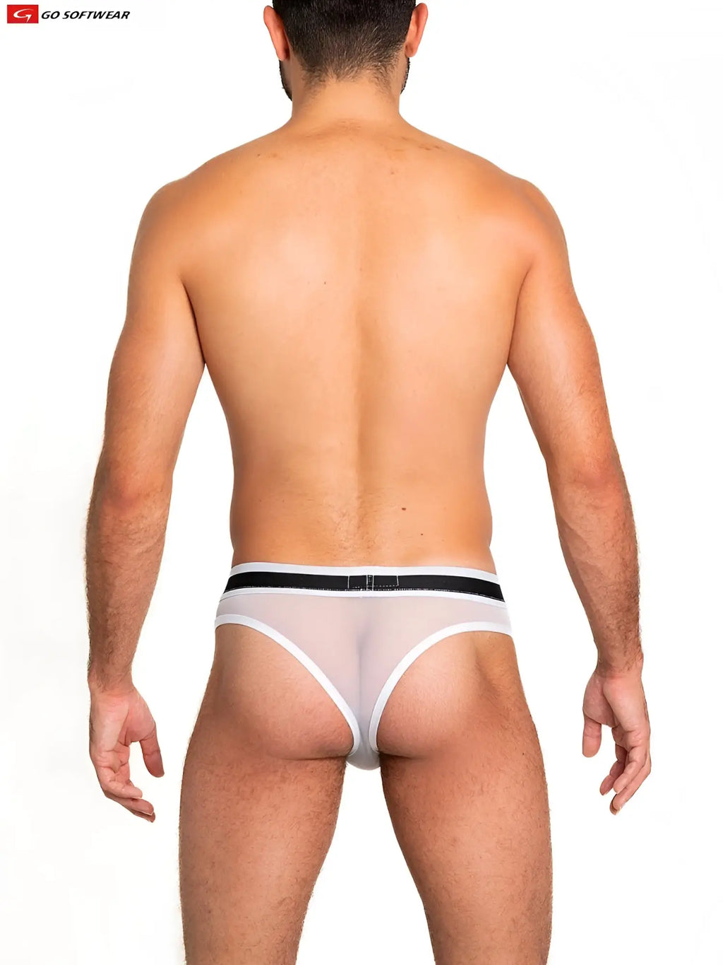 Sheer mesh scoop thong white briefs with black elastic waistband featuring brand logo in front view