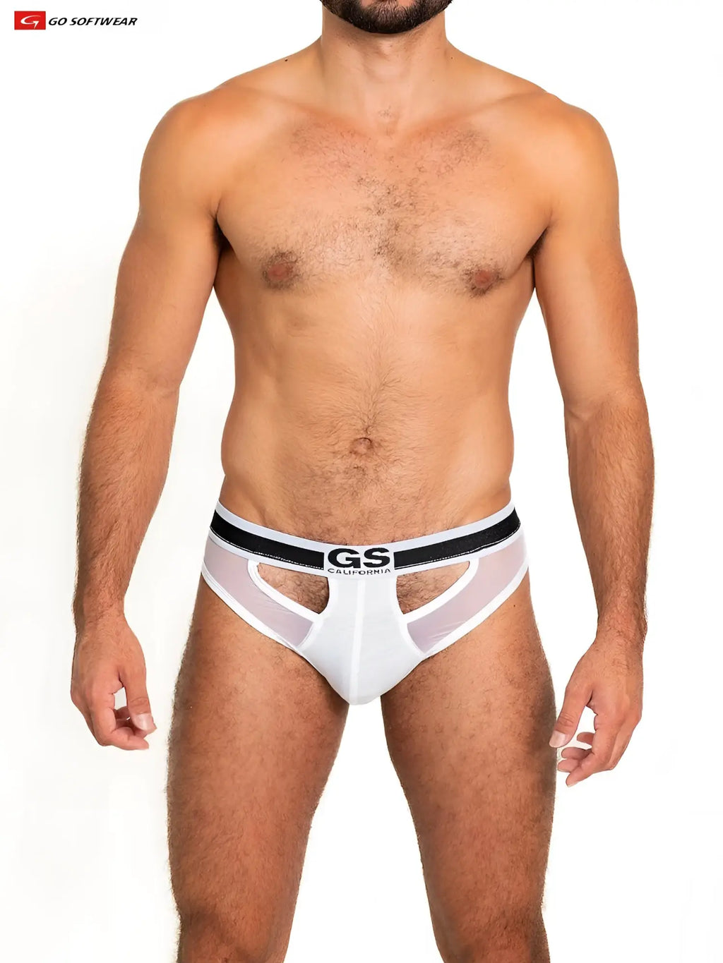 White sheer mesh scoop thong briefs with black gs california logo waistband showing front view