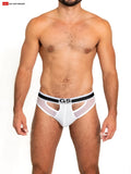 White sheer mesh scoop thong briefs with black gs california logo waistband showing front view