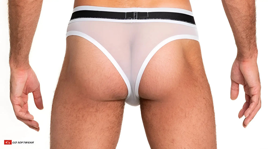 White sheer mesh scoop thong with black waistband and white trim in a sheer lightweight fabric