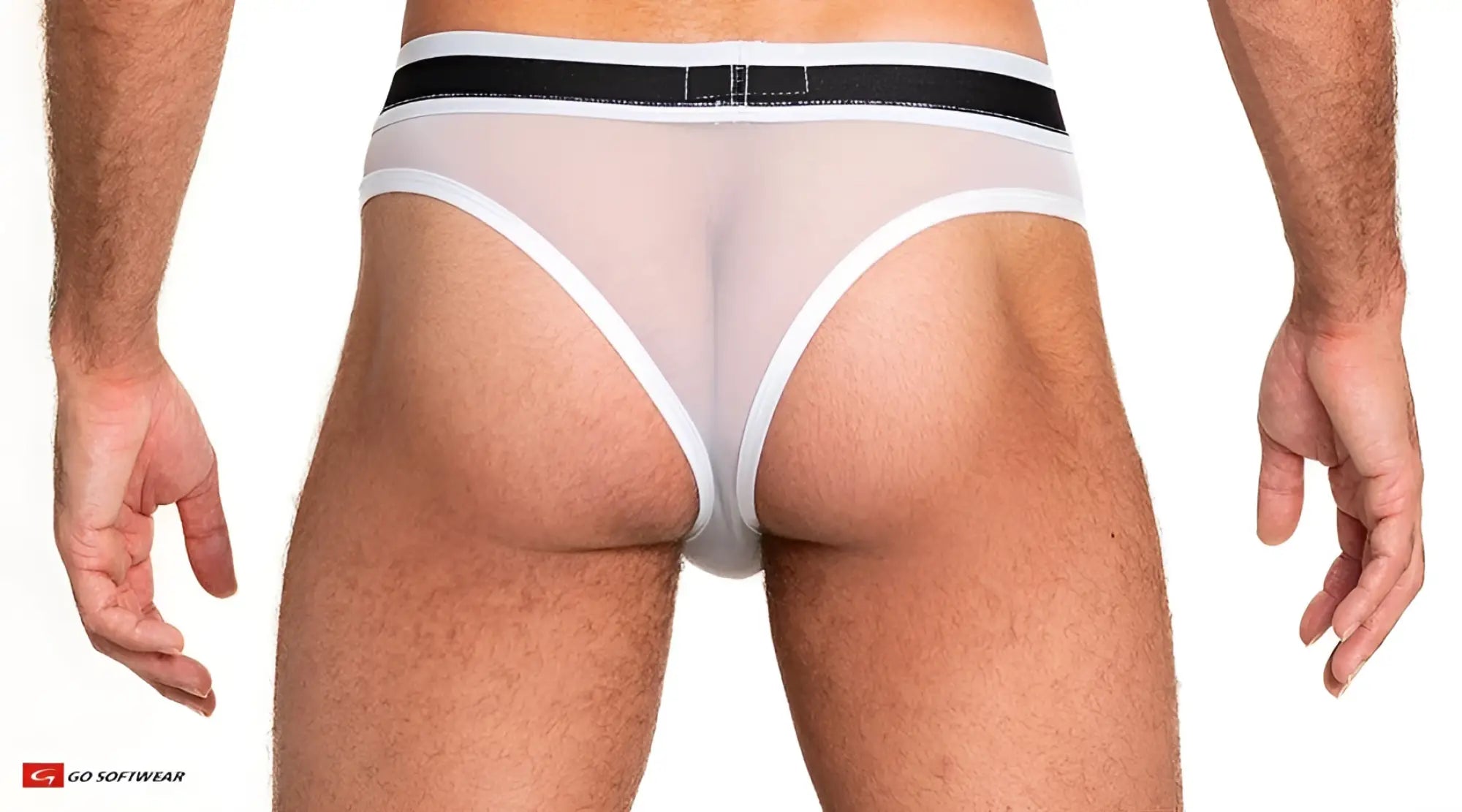 White sheer mesh scoop thong with black waistband and white trim in a sheer lightweight fabric