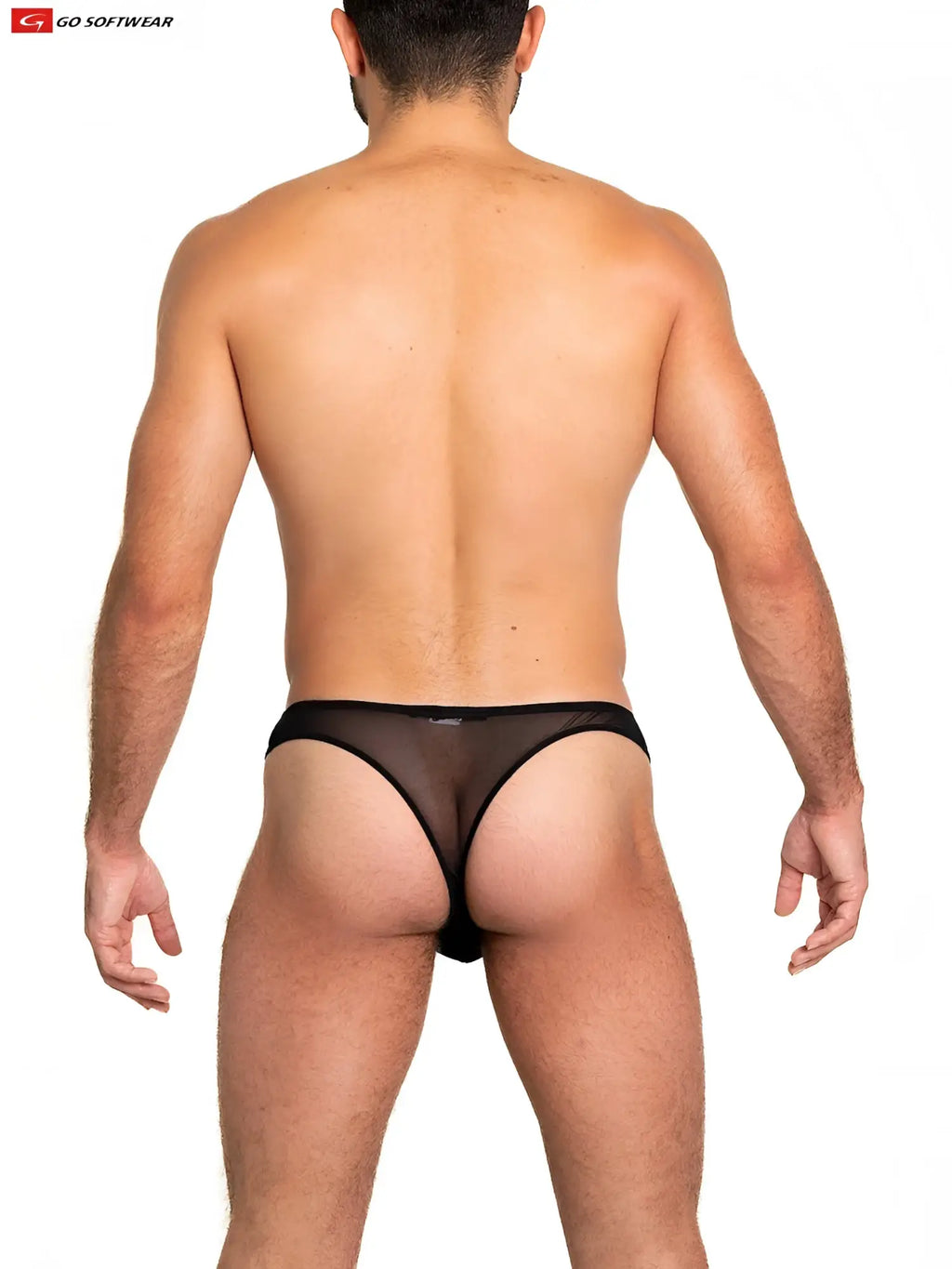 Black sheer mesh thong briefs with a solid black waistband shown from the back side