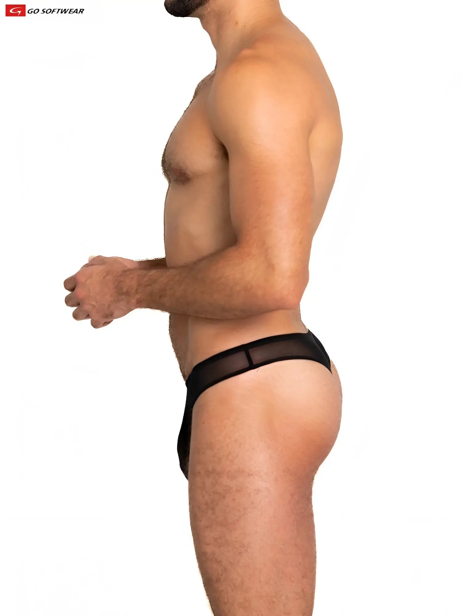 Black sheer mesh thong briefs with solid black waistband shown from the back side in a sheer mesh design