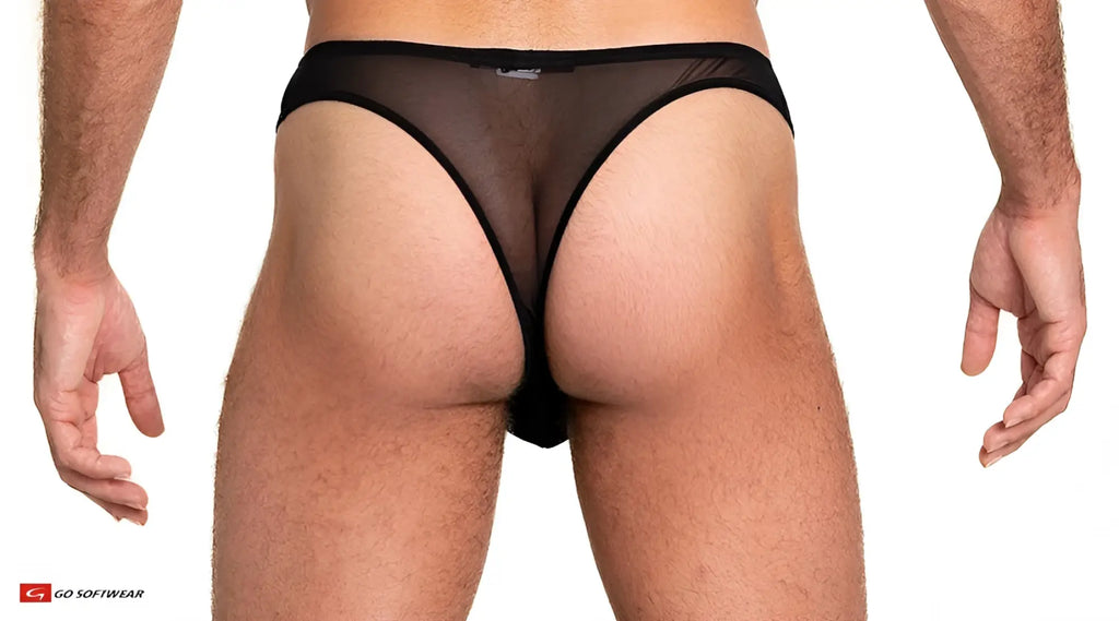 Sheer mesh thong in black featuring sheer mesh briefs with solid black waistband and leg openings, back view